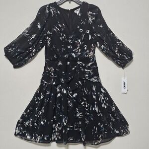 DKNY Women's Dress Size 2 Fits XS Black Blue Ruched Waist Long Sleeves Mini 730